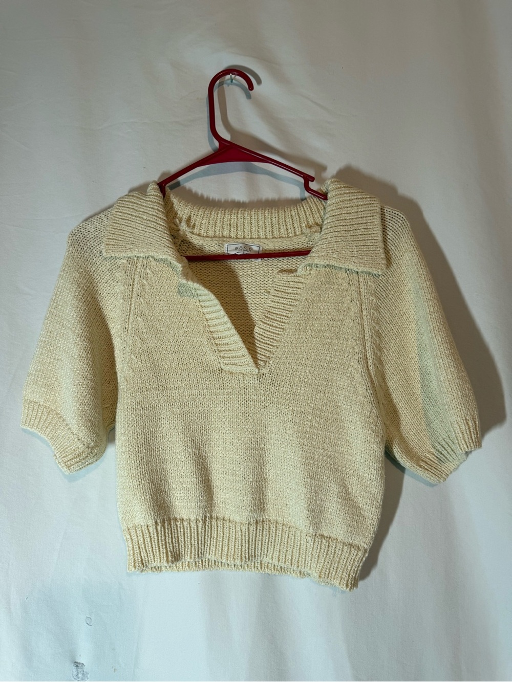 Sage The Label Women’s S Cream Knit Collared Crop Sweater Short Sleeve